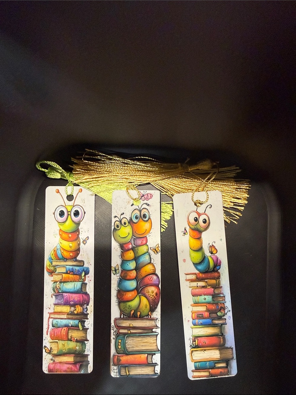 Set of 3 Colorful Caterpillar Metal Bookmarks with Tassels